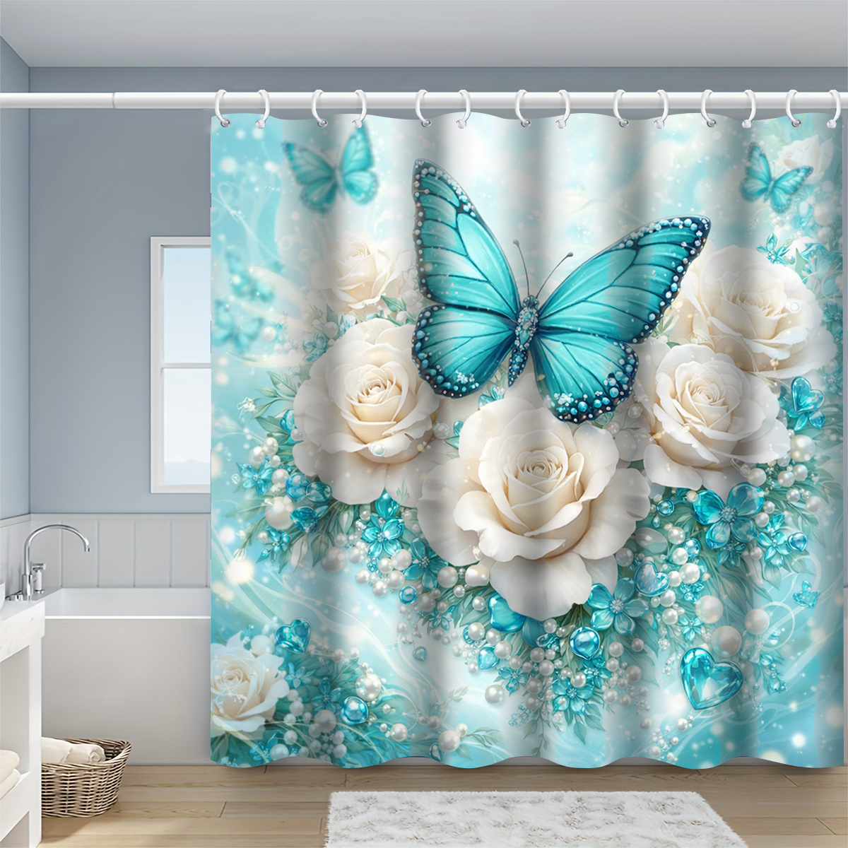 TEMU 1pc Blue And White Curtain, Bathroom Decor, Options (120x180cm, 150x180cm, 180x180cm, 180x200cm, 240x200cm), Includes Hooks, Bathroom Additions,