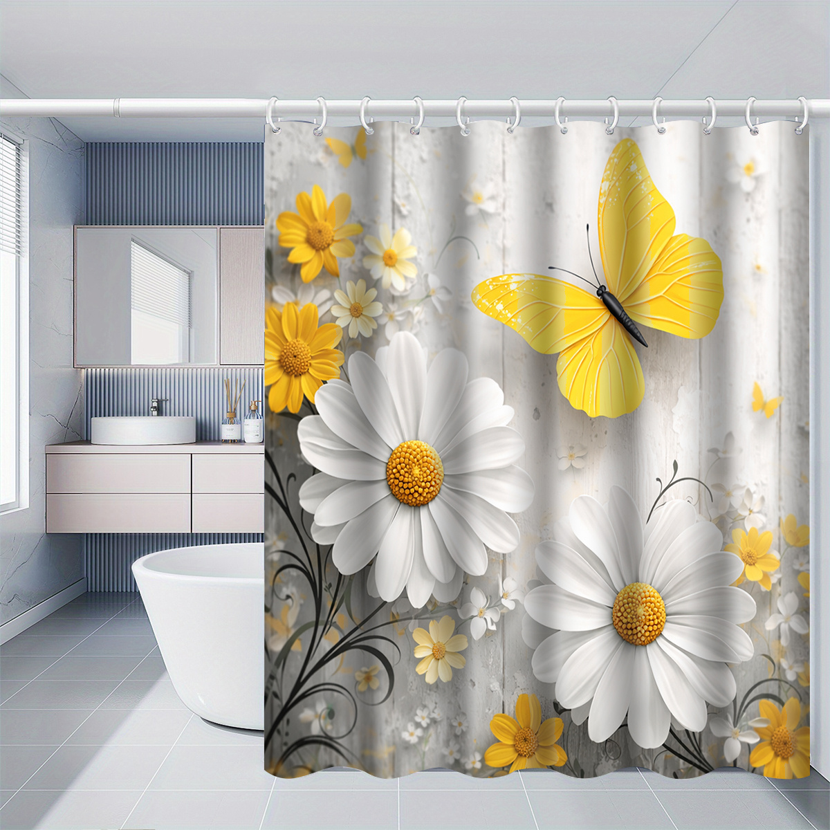 1 kos prt za tuš z motivom marjetice in rumenega metulja, okras za kopalnico, več velikosti (120x180 cm, 150x180 cm, 180x180 cm, 180x200 cm,