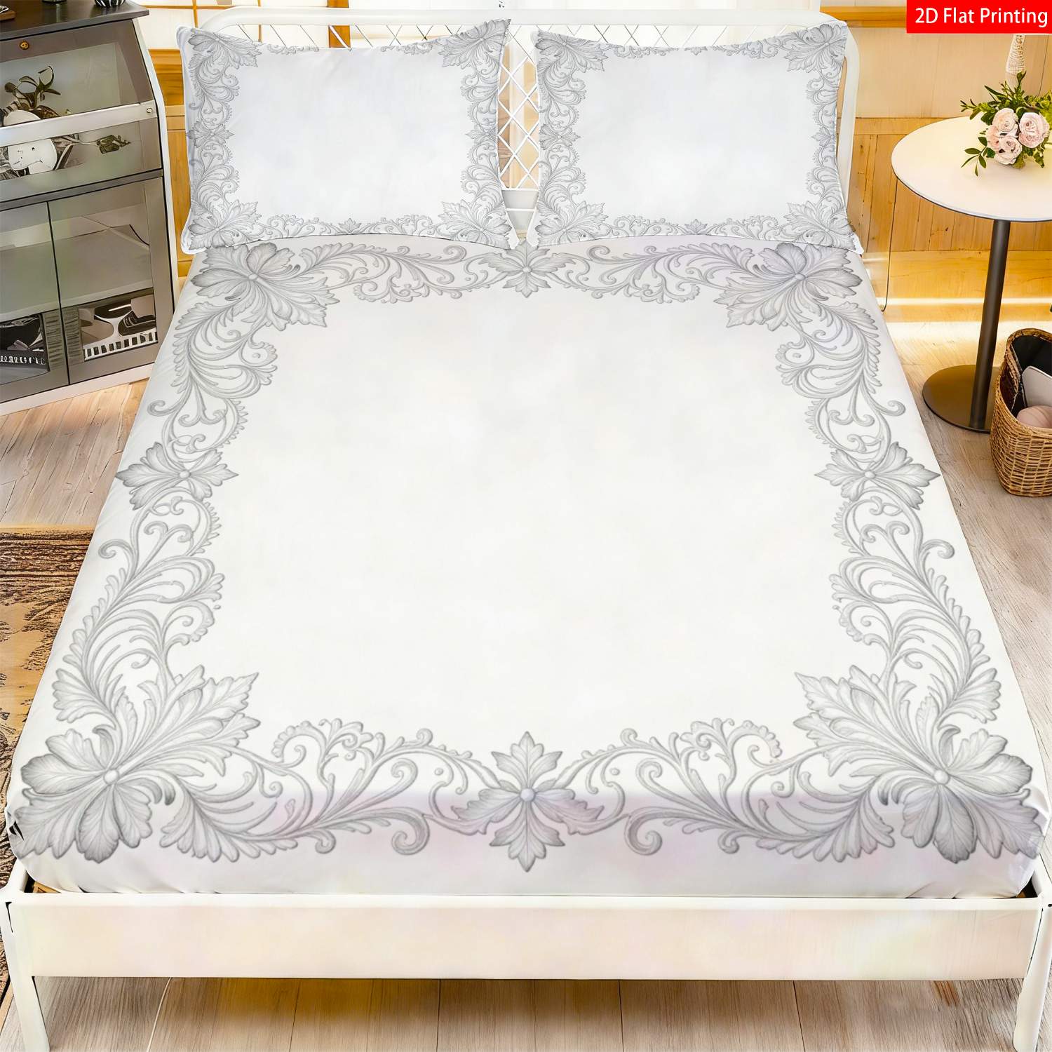 TEMU 2/3pcs 2d Flat Printing Fitted Sheet, Elegant Baroque Floral Pattern, Luxury Bedding, White, Intricate Scrollwork & Leaf Design, Bedroom