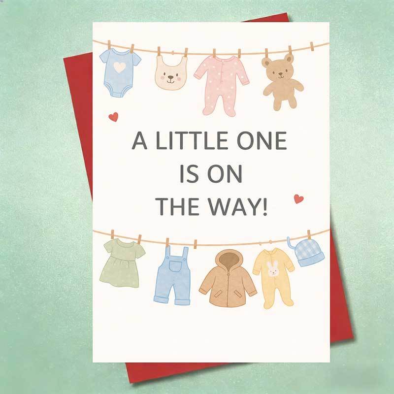 TEMU A Single Card Announcing A New , Featuring A Charming Nursery Clothesline Design With A Teddy Bear, Bib, And Heart Patterns. Ideal For