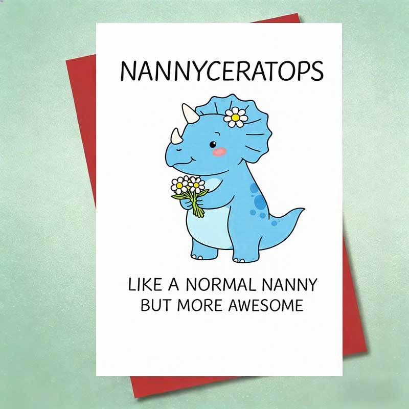 TEMU 1pc Nannyceratops Dinosaur Greeting Card | Cute Blue Cartoon Triceratops Holding Flowers, Fun And Adorable Appreciation Card For Nanny,