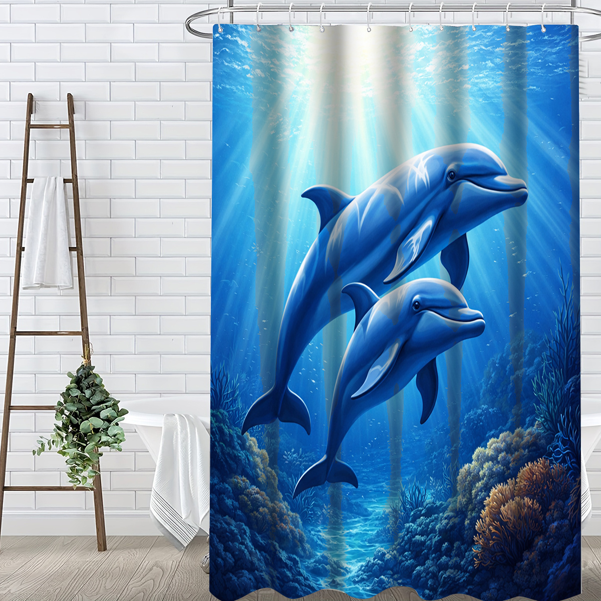 TEMU 1pc Dolphin Underwater Scene Shower Curtain, Bathroom Decor, Options (120x180cm, 150x180cm, 180x180cm, 180x200cm, 240x200cm), Includes Hooks,