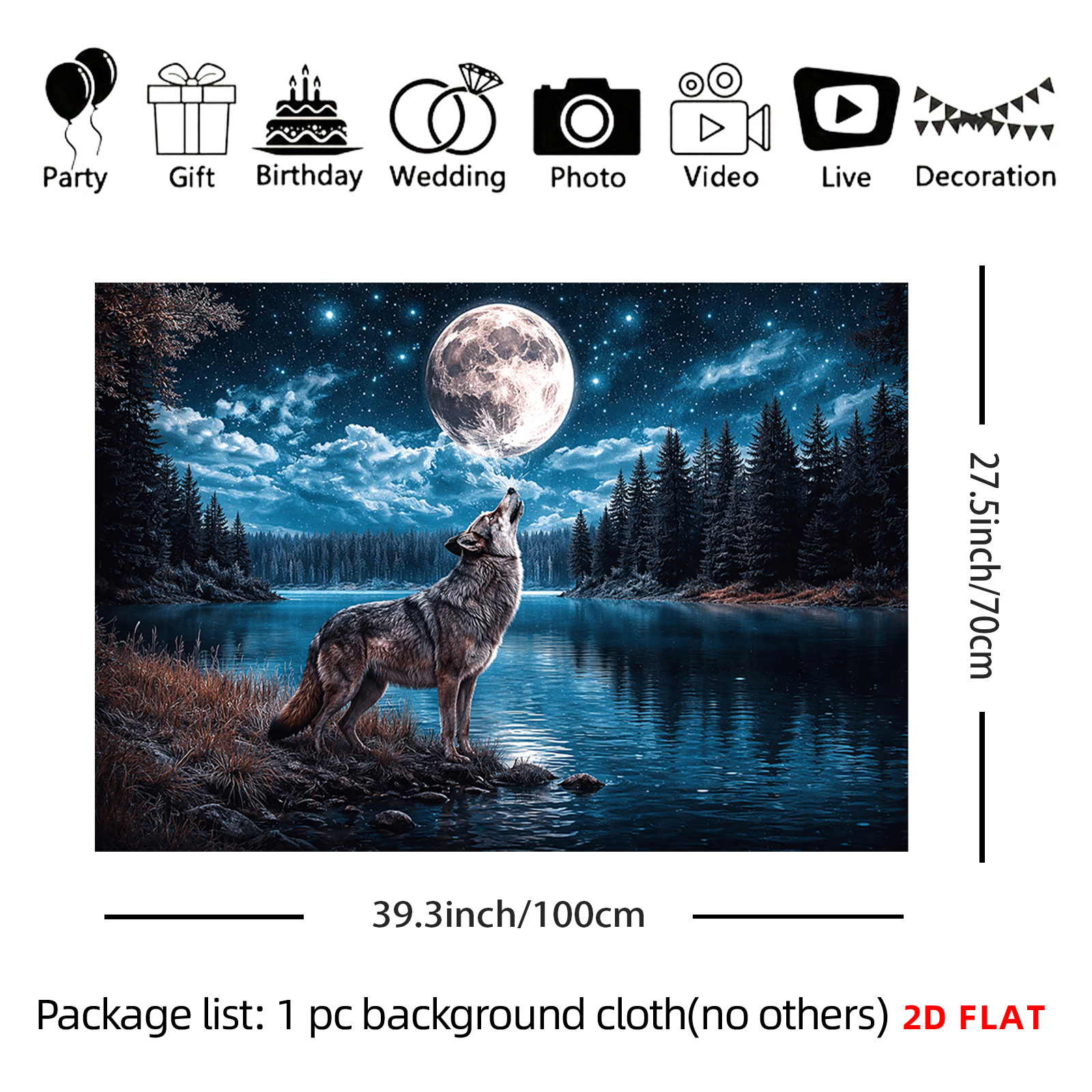 TEMU 2d Flat - 2d Flat - A Large Tapestry Featuring A Wolf At The Moon Over A Lake And Night Sky, Perfect For Decorating Walls In Bedrooms, Living