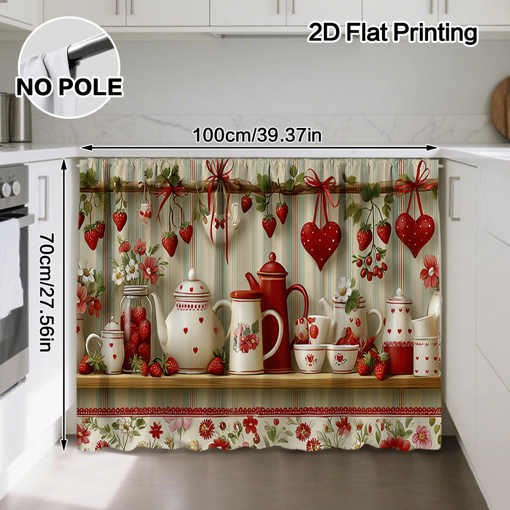 TEMU 2d Flat - 2d Flat - (2d Flat) 1pc 's Strawberry Kitchen Decor Pattern Cabinet Adornment Curtains, Rod , , Smooth Hanging, Suitable For Kitchen,