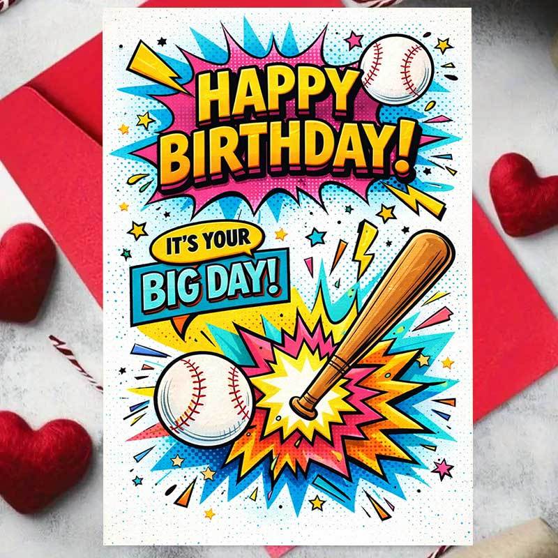 TEMU 1pc Greeting Card And 1pc Envelope, 1pc Baseball-themed Birthday Card, Comic Art Special Occasion Celebration Card Suitable For Him/her, , ,