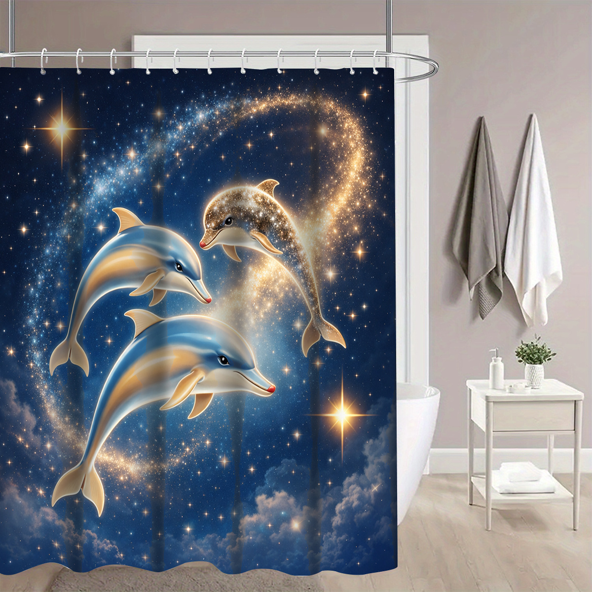 Dolphins in Starry Sky Shower Curtain with Multiple Size Options