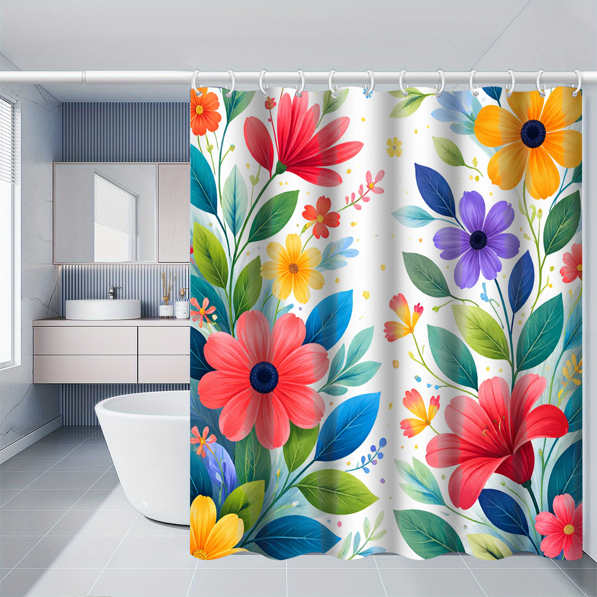 TEMU 1pc Wildflowers Shower Curtain Suitable For - Bathroom Decor With Hooks Included - Colorful Curtain Panel, Options (120x180cm, 150x180cm,