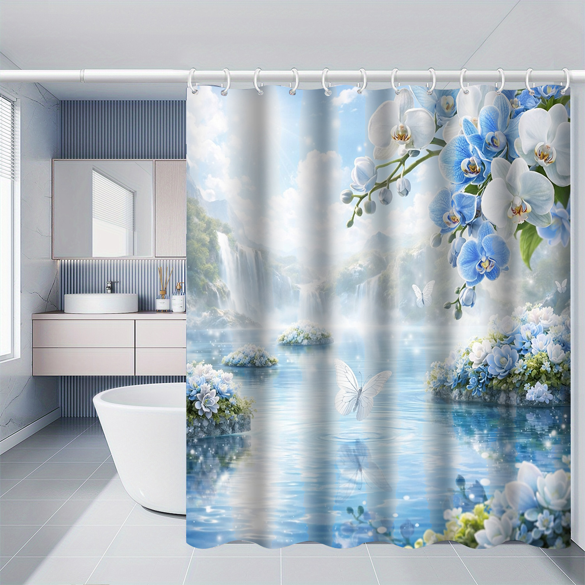 TEMU 1pc Blue And White Orchid Waterfall Shower Curtain, Bathroom Decor, Options (120x180cm, 150x180cm, 180x180cm, 180x200cm, 240x200cm), Includes