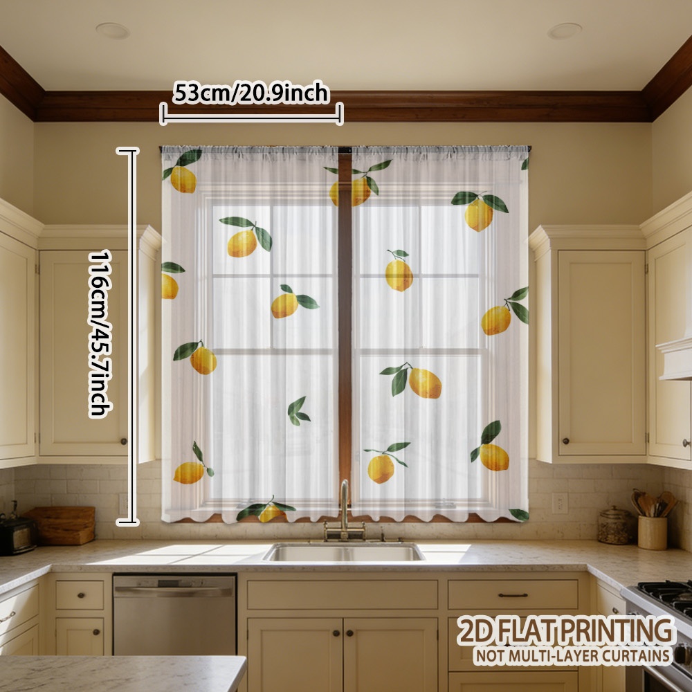 TEMU 2D, Impresión 2D, 2 piezas de Cortinas de Gasa con Estampado de Limones sobre , Visillos , Diseño de Bolsillo para Barra, Ideales para Cocina,