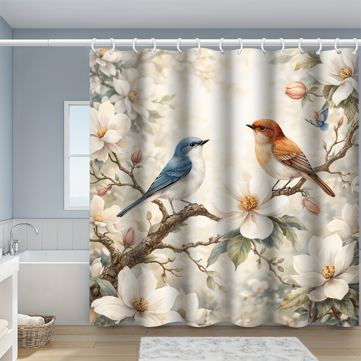 TEMU 1pc Magnolia Birds Shower Curtain, Bathroom Decor, Options (120x180cm, 150x180cm, 180x180cm, 180x200cm, 240x200cm), Includes Hooks, Bathroom