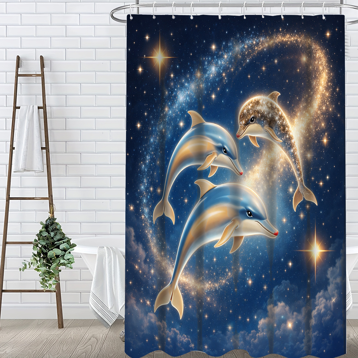 Dolphins in Starry Sky Shower Curtain with Multiple Size Options