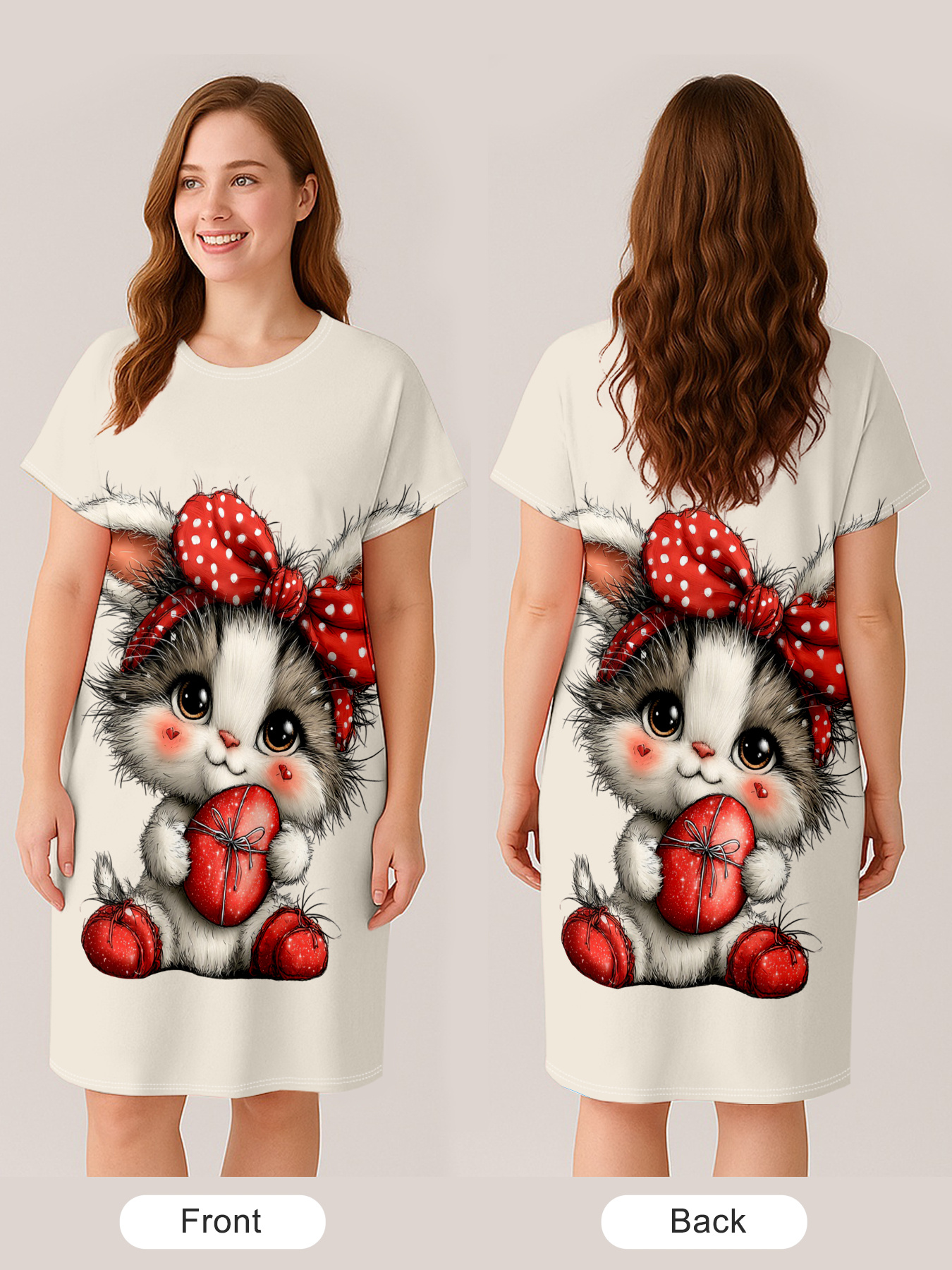 1 pieza de camisón de manga corta casual para mujer con diseño de gatos lindos, huevos de Pascua y lazos | Cuello redondo suave, lavable a máquina, ropa de casa para todas las estaciones, ropa interior y pijamas para adultos con temática de Pascua - Imagen 9