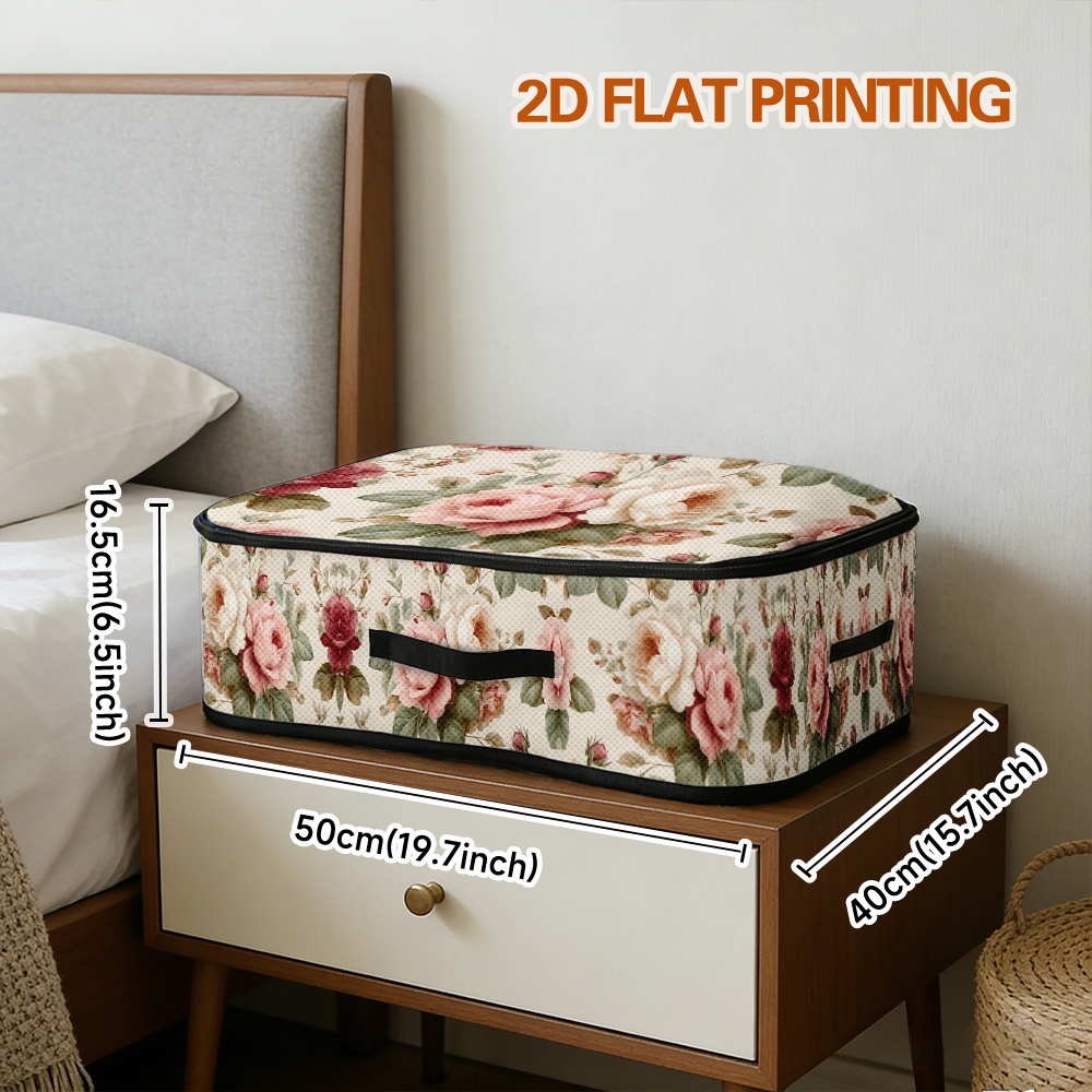 TEMU 1pc Romantic Roses Bouquet Style Storage Box | Soft Oxford Cloth, Closure, Multipurpose For Bedroom Closet And , Organizes Quilts, Bed, Scarves,