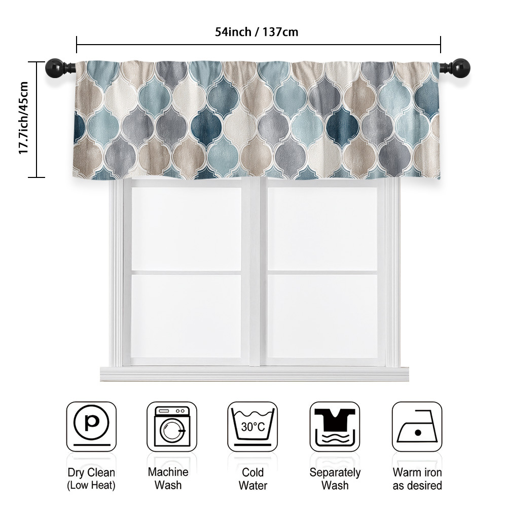 TEMU 2d Flat - 2d Flat - 1pc Modern 2d Flat Geometric Blue And Beige Shapes Print Short Valance | Polyester Curtain For Kitchen, Bathroom, And Living