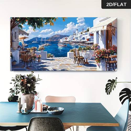 2d flach, 1 stück mediterranean style 2d rahmenloses leinwandposter, griechische ägäis-küstenstadt seelandschaftsgemälde gedruckte kunst, leinwandposter für wohnzimmer, für büro, schlafzimmer, arbeitszimmer, esszimmer-dekoration oder als geschenk, 2d flach