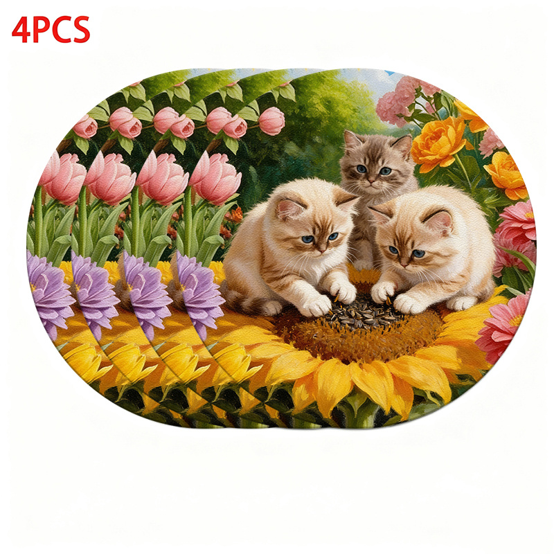TEMU 4/6 stuks 2D Platte Print Placemats | Katten Spelen Tussen De Bloemen, Zonlicht Valt Op De Bloemblaadjes | Ronde Polyester Placemats voor