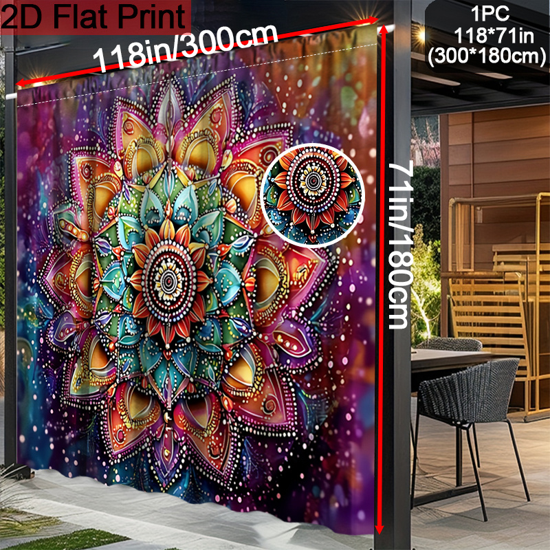 TEMU Outdoor Mandala Polyester Curtains With Rod . Ultra-wide Drapes Feature Vibrant Floral Patterns, Perfect For Doors, Windows, And Courtyards