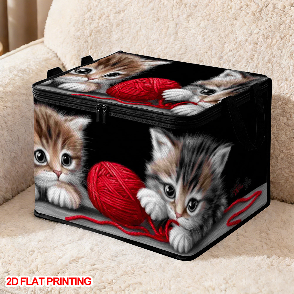 TEMU 1pc Large Foldable Storage Box With Kitten Yarn Print - Oxford Cloth Organizer Suitable For Clothes, Blankets, | Soft Lid, Zippered Rectangular