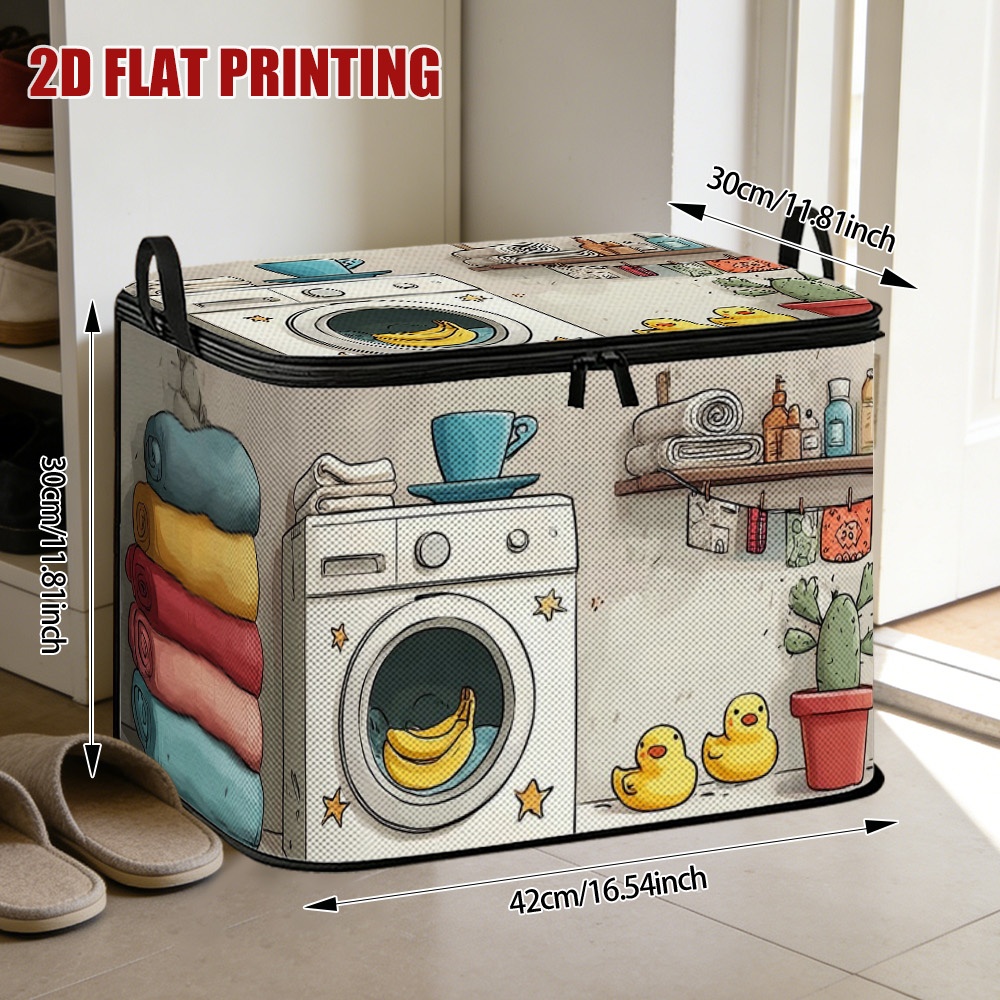 TEMU 1pc Cartoon Laundry Room Scene Lidded Storage Bin | Space- Zipper Pouch, Bedding Storage, Car Trunk Organizer, Holiday Decor, Garage Tidy,
