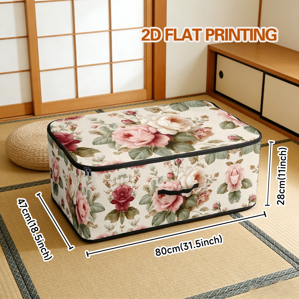 TEMU 1pc Romantic Roses Bouquet Style Storage Box | Soft Oxford Cloth, Closure, Multipurpose For Bedroom Closet And , Organizes Quilts, Bed, Scarves,