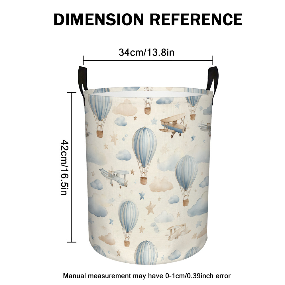 TEMU 1 panier à linge plat 2D motif et ballons de ciel | Poubelle ronde pliable avec poignées, polyester, parfait pour de bain et le rangement des