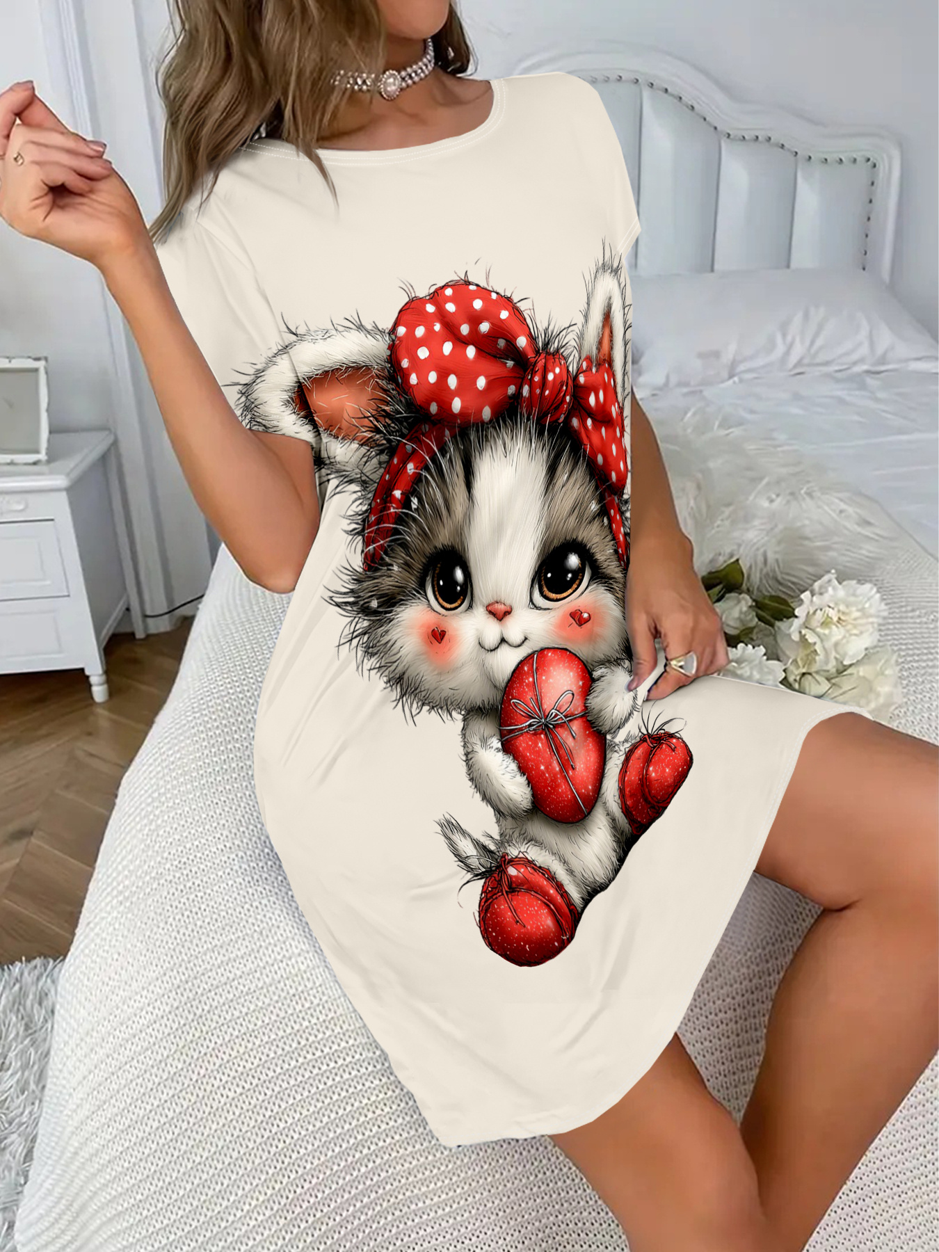 1 pieza de camisón de manga corta casual para mujer con diseño de gatos lindos, huevos de Pascua y lazos | Cuello redondo suave, lavable a máquina, ropa de casa para todas las estaciones, ropa interior y pijamas para adultos con temática de Pascua - Imagen 7