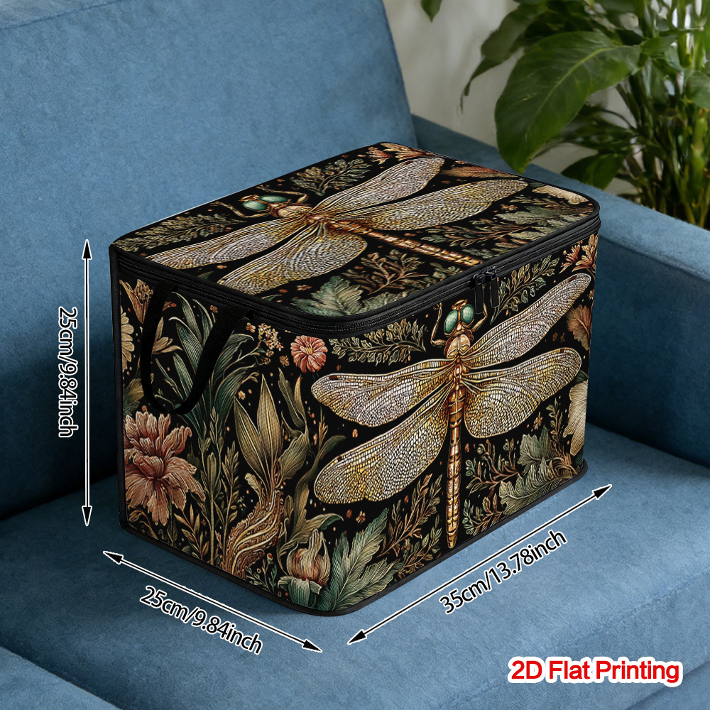 TEMU 1pc Dragonfly And Floral Print Storage Box - Large Capacity Foldable Organizer With Soft Fabric Lidded Storage Bins Zippered Lid, Durable