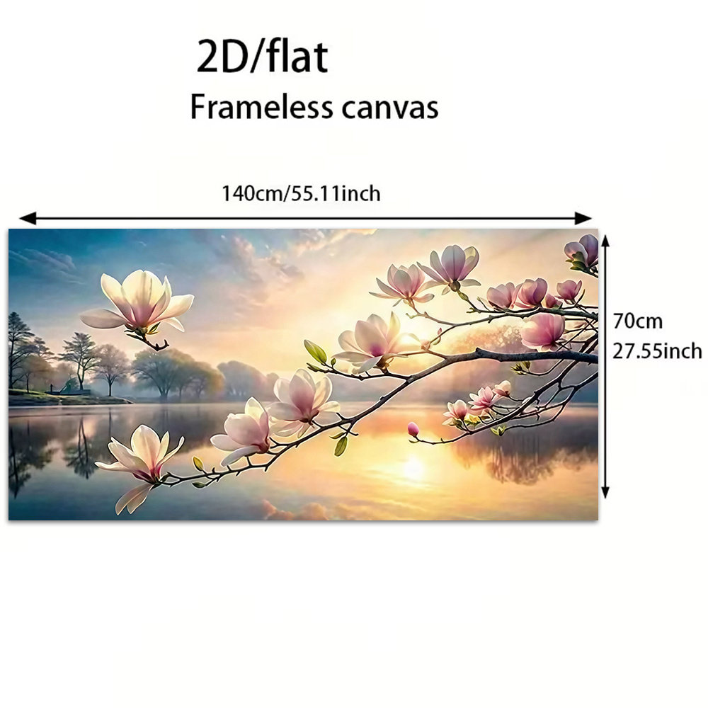 TEMU 2d Flat, 2d Flat, 1pc 2d Flat Frameless Canvas Art | Elegant Blooming Flowers With Lake Reflection Abstract Art, Ideal For Living Room, Bedroom,