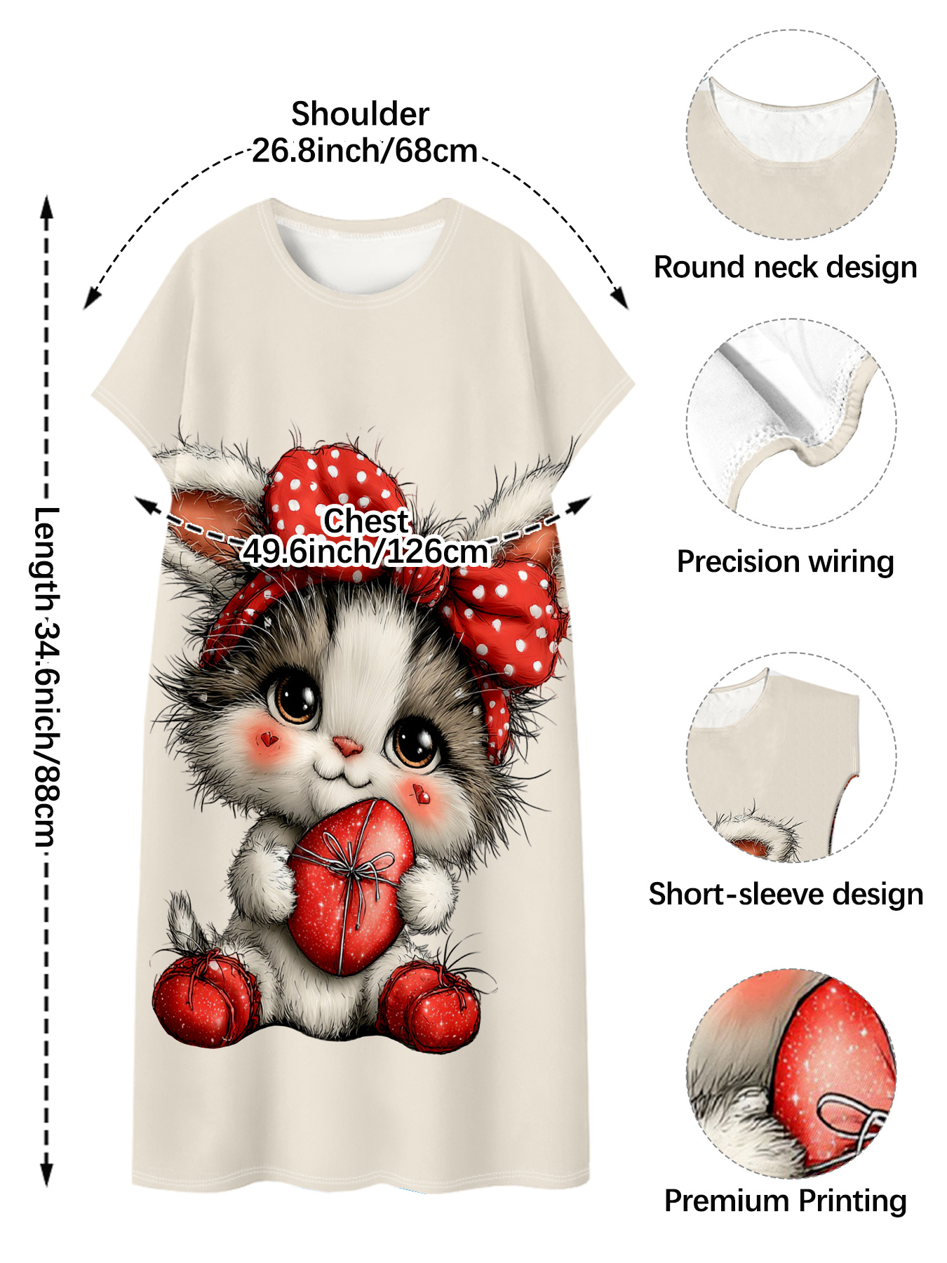 1 pieza de camisón de manga corta casual para mujer con diseño de gatos lindos, huevos de Pascua y lazos | Cuello redondo suave, lavable a máquina, ropa de casa para todas las estaciones, ropa interior y pijamas para adultos con temática de Pascua - Imagen 5