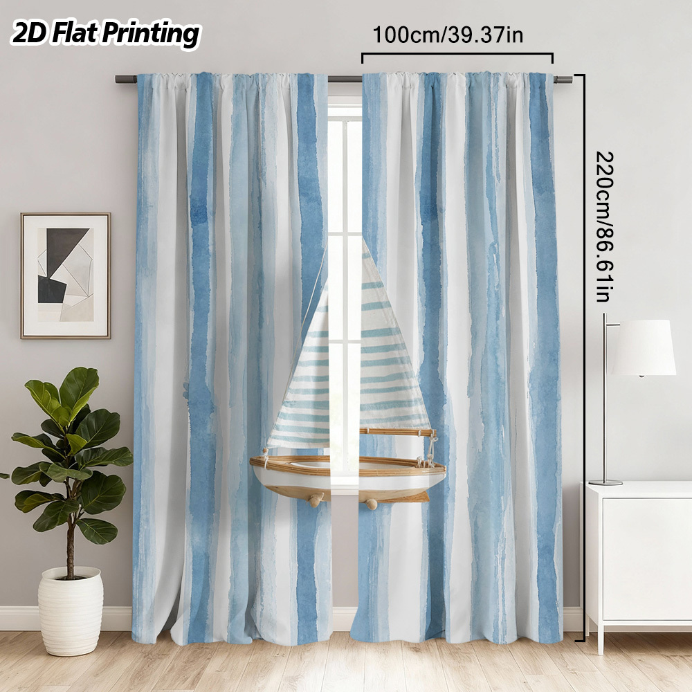 TEMU Tende Semi-Oscuranti a 2 Pezzi con Stampa Piatta 2D Nautiche con Barca a Vela e Acqua a Righe, con per Bastone - Adatte per Caff癡 Rilassanti,