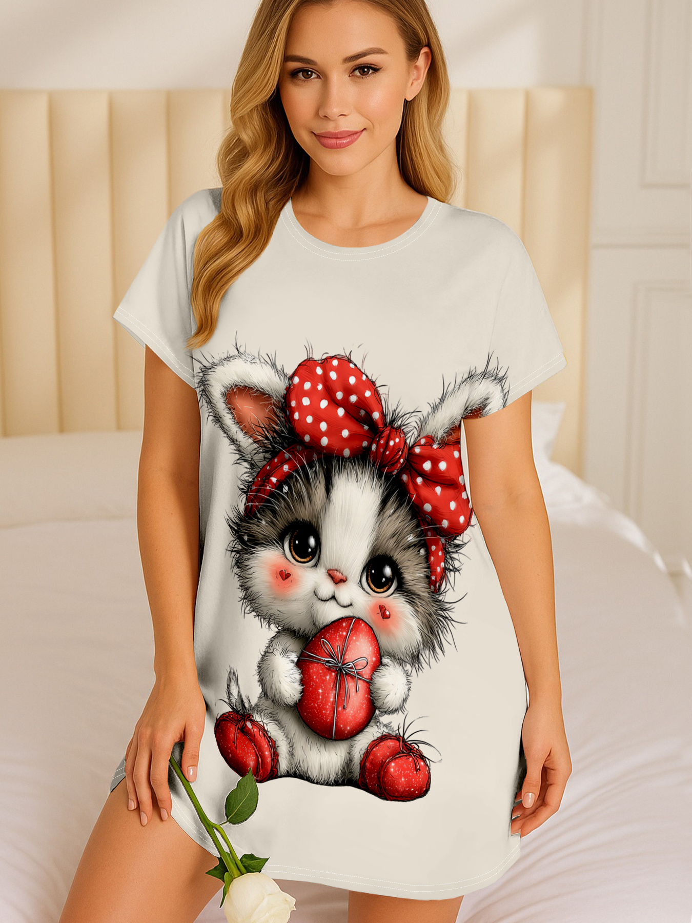 1 pieza de camisón de manga corta casual para mujer con diseño de gatos lindos, huevos de Pascua y lazos | Cuello redondo suave, lavable a máquina, ropa de casa para todas las estaciones, ropa interior y pijamas para adultos con temática de Pascua - Imagen 3