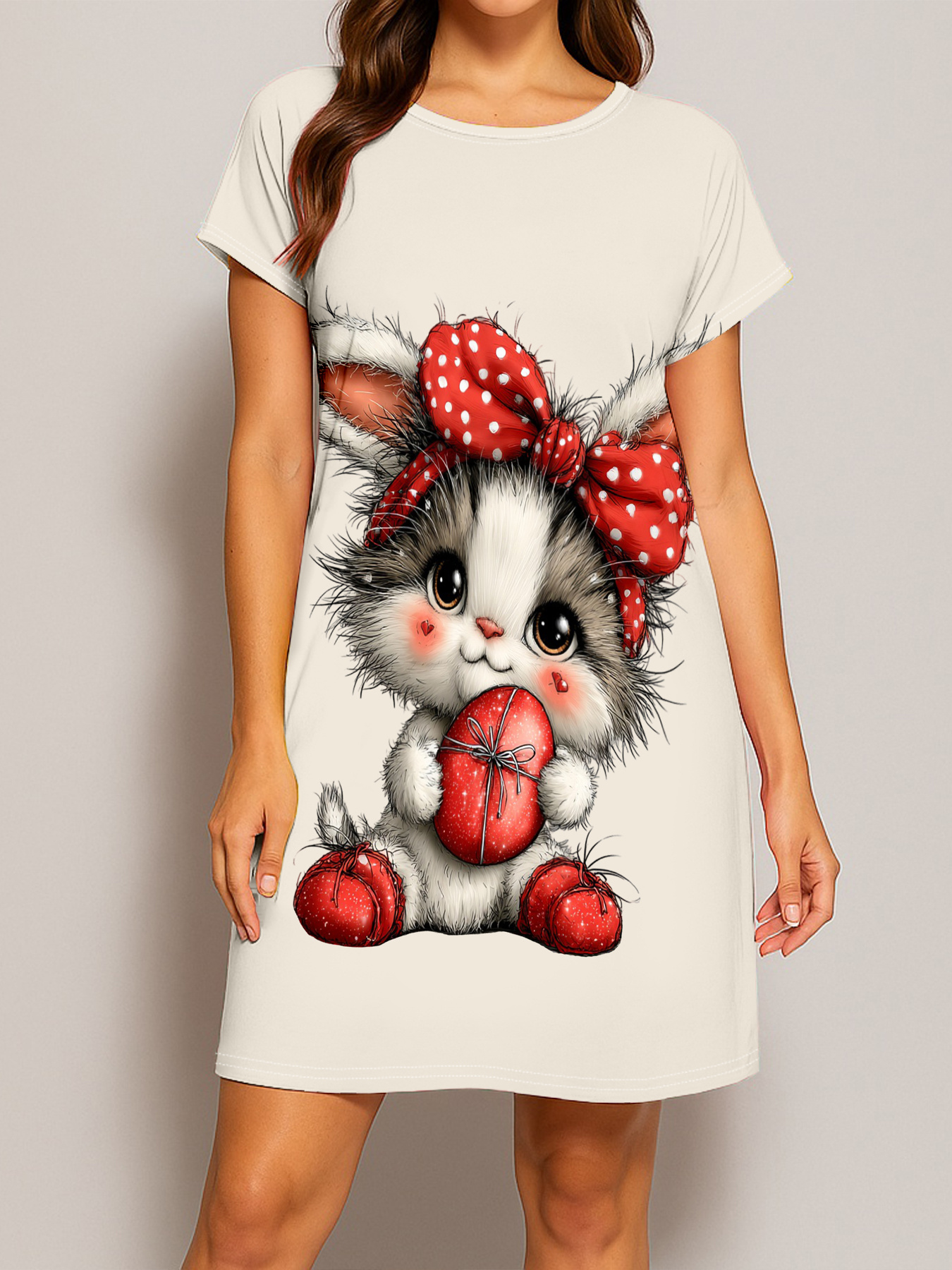 1 pieza de camisón de manga corta casual para mujer con diseño de gatos lindos, huevos de Pascua y lazos | Cuello redondo suave, lavable a máquina, ropa de casa para todas las estaciones, ropa interior y pijamas para adultos con temática de Pascua - Imagen 2