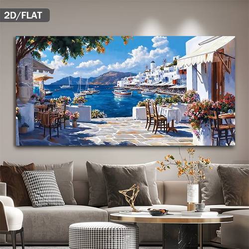 Artikelbild 2d flach, 1 stück mediterranean style 2d rahmenloses leinwandposter, griechische ägäis-küstenstadt seelandschaftsgemälde gedruckte kunst, leinwandposter für wohnzimmer, für büro, schlafzimmer, arbeitszimmer, esszimmer-dekoration oder als geschenk, 2d flach