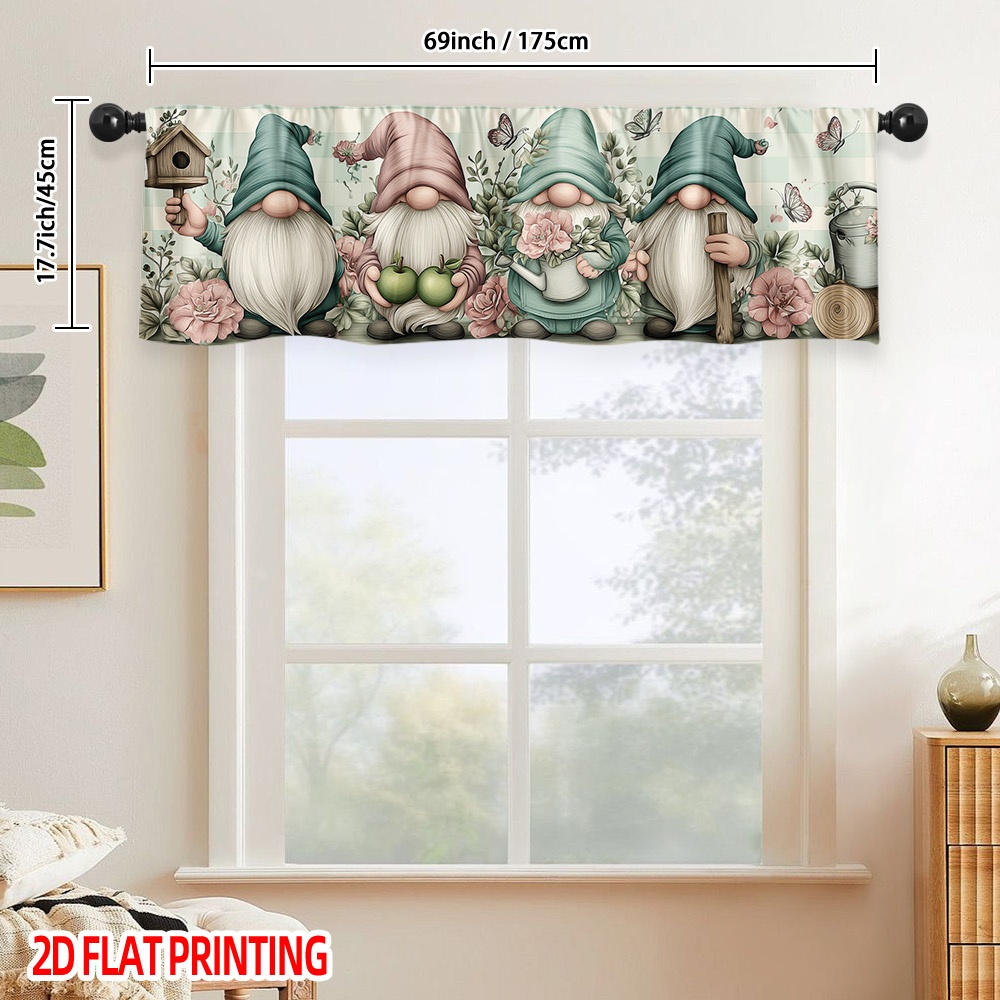 TEMU 2d Flat - 2d Flat - [2d Flat] 1pc Gnomes Flowers Kitchen Window Valance - Light-filtering, Durable Polyester, Rod For Easy Hanging, Living Room