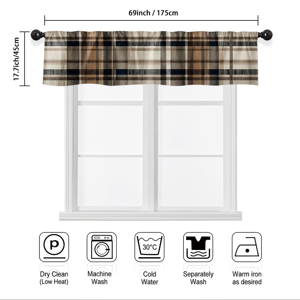 TEMU Volant court 2D plat - 2D plat - 1 pièce, motif à carreaux marron et noir, pour fenêtre | Rideau moderne en polyester avec poche pour tringle,