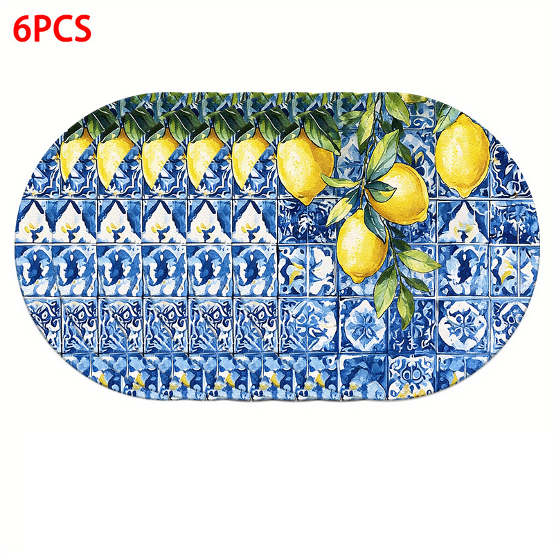 TEMU 4/6pcs Citrons sur Branches, Fond de Carrelage Floral Bleu Impression 2D Nappe, Décoration de Coussin de Vaisselle, Vaisselle de Table Basse,