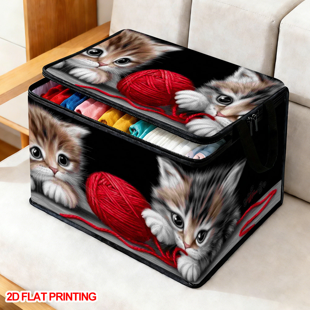 TEMU 1pc Large Foldable Storage Box With Kitten Yarn Print - Oxford Cloth Organizer Suitable For Clothes, Blankets, | Soft Lid, Zippered Rectangular