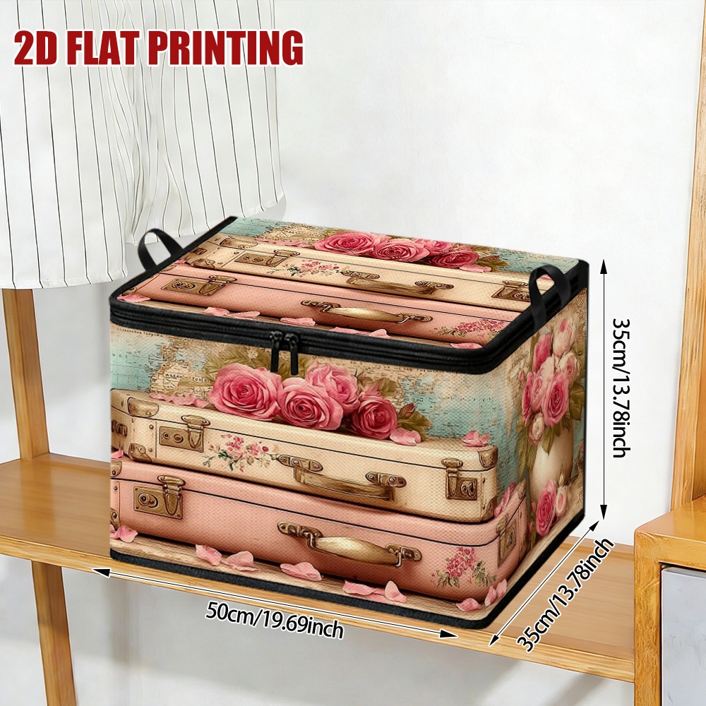 TEMU 1pc Grand Bac de Rangement Pliable en Tissu Oxford avec Couvercle Valise et Fermeture Éclair - Organisateur Rectangulaire Vintage Roses Adapté