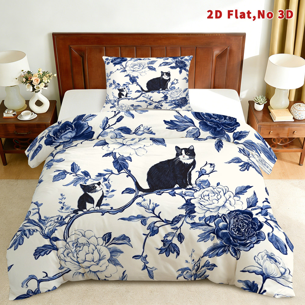TEMU 2d Flat Floral Cat Duvet Cover Set In Queen, King, And Full Sizes. This Bedding Features A Breathable And Stylish Design With Soft Printed