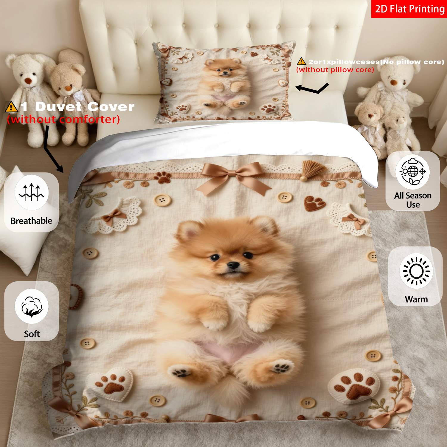 TEMU 2/3pcs 2d Flat Printing Themed Bedding Beige With Pomeranian Puppy, & Bowknot Patterns For Pet-friendly Bedroom Decor(1*duvet 1/2*pillowcases,