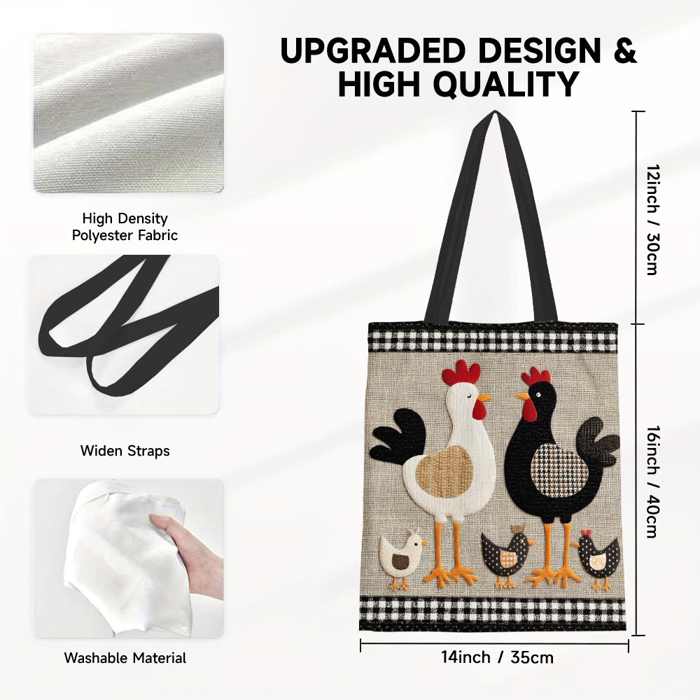 TEMU 2d Flat Printing, 1pc Farmhouse Chicken Canvas Tote Bag, Spacious, Reusable Grocery Bags For Shopping, Work, And Travel, Machine Washable, For