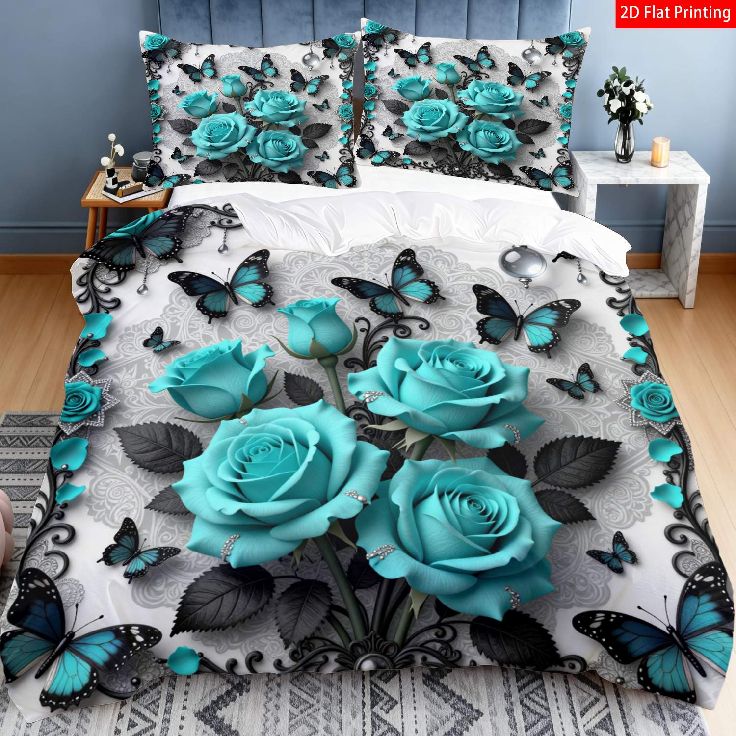 TEMU 2/3pcs 2d Flat Printing Elegant Gothic Style Turquoise Rose & Quilt Cover Bedding With Black Lace Frame Pattern Suitable For Occasions(1 Duvet
