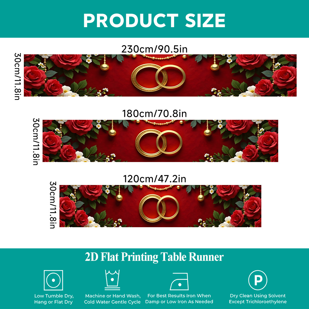 TEMU 1 Chemin de table plat 2D à imprimé | Couvre-table pour bagues de mariage et roses rouges, Chemin de table rectangulaire en polyester, parfait