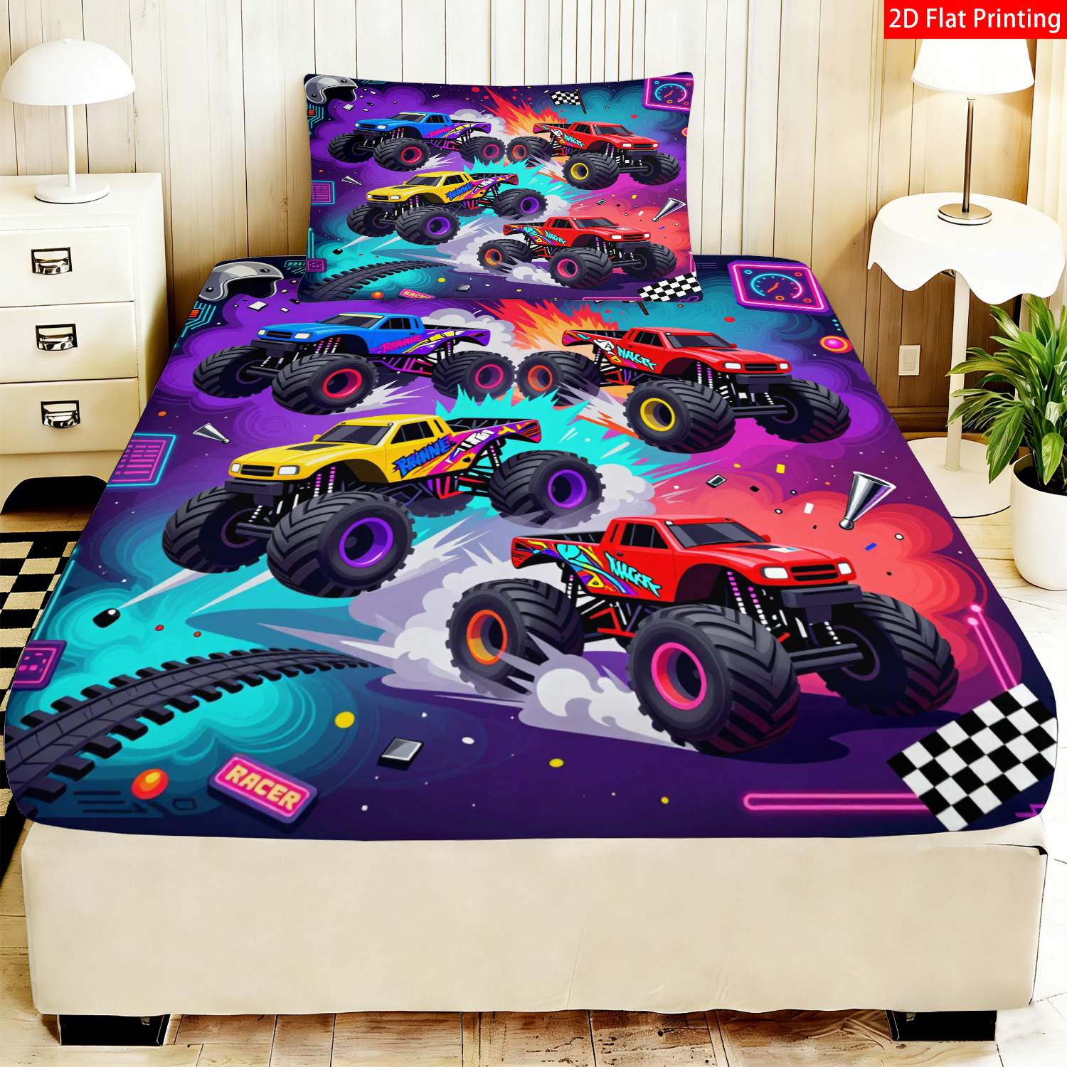 Set Of 2 Or 3pcs Of 2d Flat Printed Fitted Sheets Featuring A Monster Truck Design With A Racing Theme, Available In…: retailer-supplied image