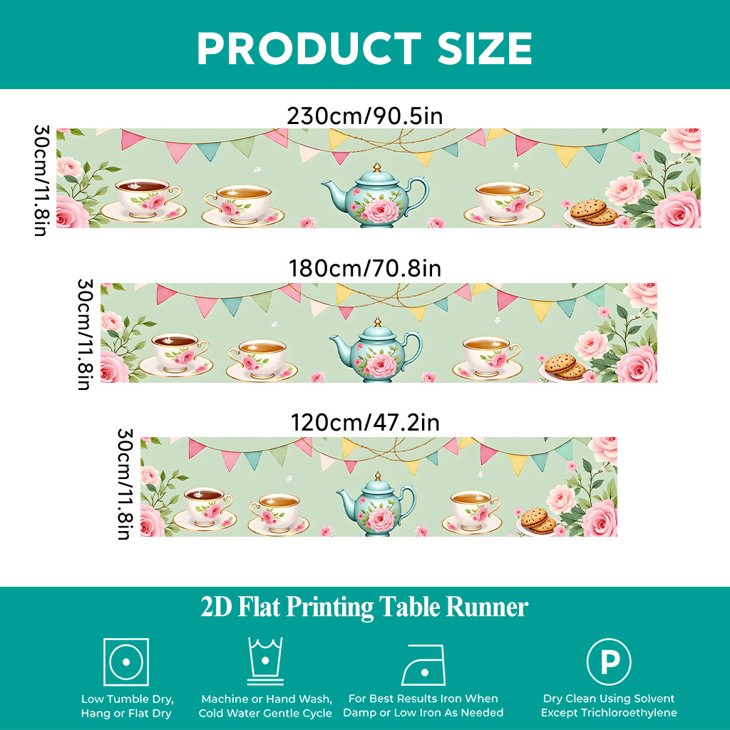 TEMU 2d Flat Printing Table Runner 1pc, Tea Set With Flowers Table Cover, Rectangular Table Runner From Polyester, Perfect For Dining Indoors Or