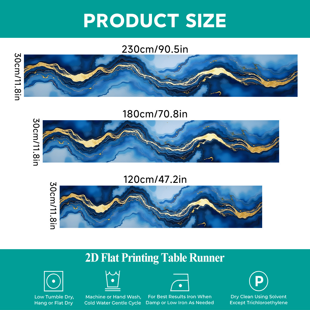 TEMU 2d Flat Printing Table Runner 1pc, Blue And Golden Abstract Art Table Cover, Rectangular Polyester Table Runner, 70-80 G/㎡, Ideal For Indoor And