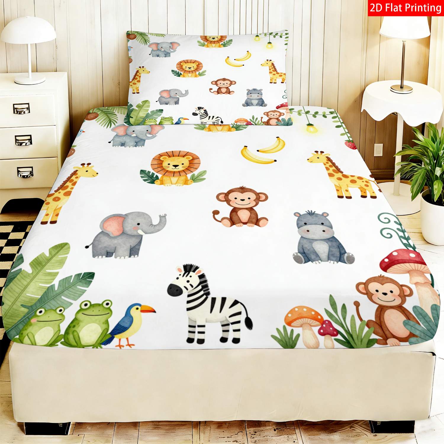 TEMU Ensemble de 2 ou 3 draps-housses imprimés 2D à motif plat, avec un adorable motif d'animaux de sur fond blanc, comprenant des imprimés de lion,