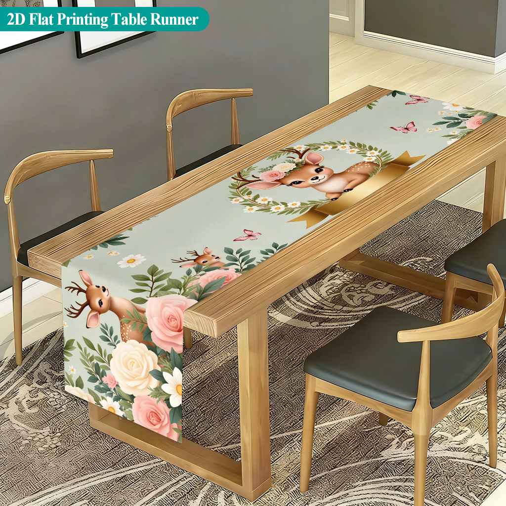 TEMU Chemin de table plat 2D 1pc, Nappe à motif de cerfs et de fleurs, Chemin de table rectangulaire en fibre de polyester, Idéal pour les repas en