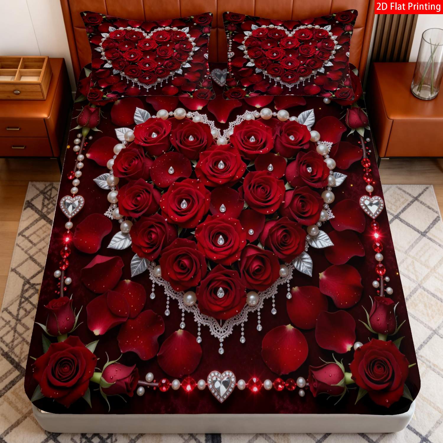 TEMU Set Of 2 Or 3pcs Featuring A 2d Flat Printed Fitted Sheet With A Romantic , Showcasing A Theme. This Bedding Includes A Floral Print Embellished