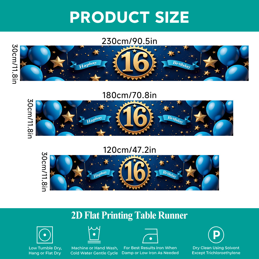 TEMU 1pc 2d Flat Printing Table Runner | Happy 16th Birthday Celebration Table Cover, Rectangular Polyester Table Runner, Perfect For Dining Indoors